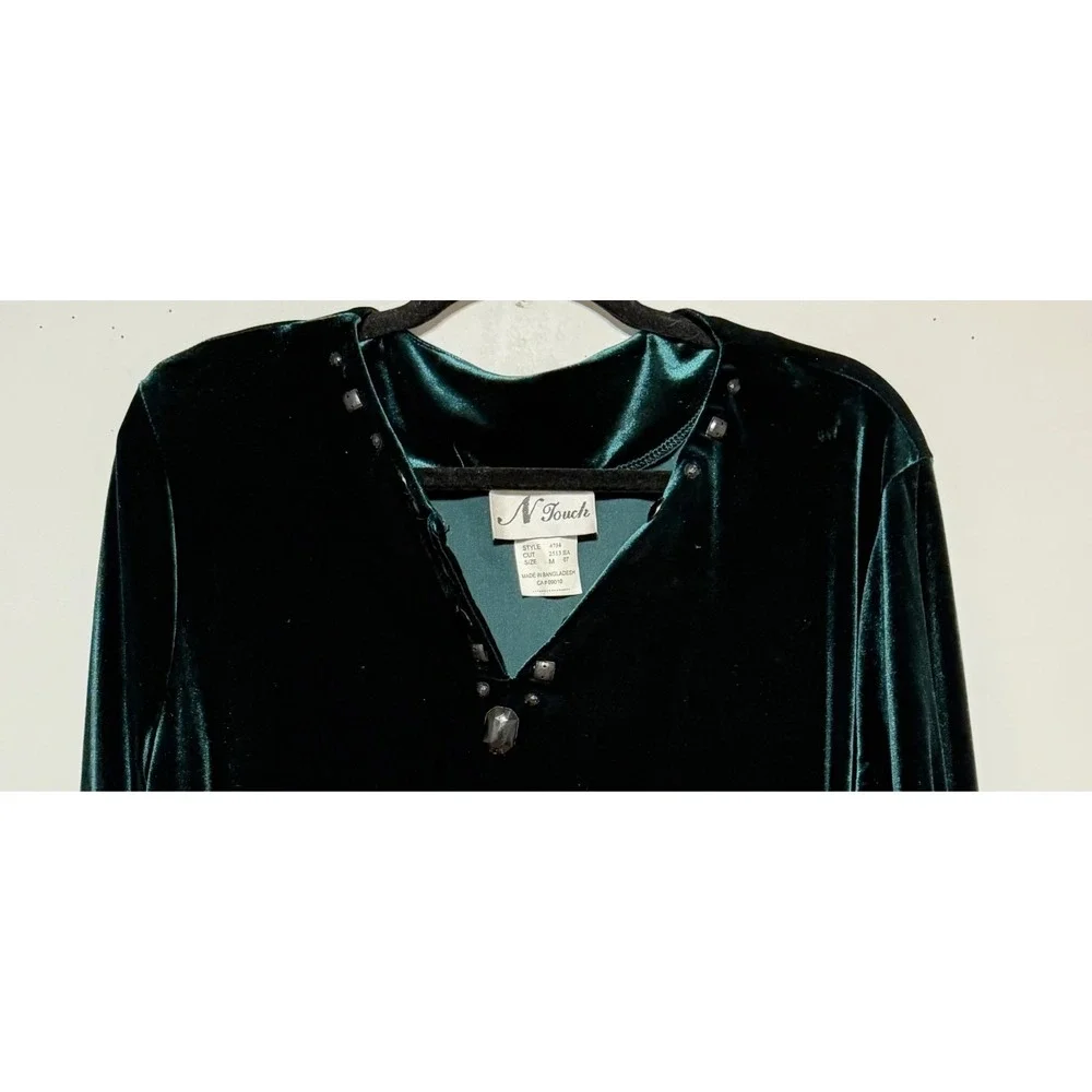Vtg N Touch Emerald Velvet Goth Glam Top Women's Size M Jewel Tone‎ Holiday Chic - Picture 3 of 6